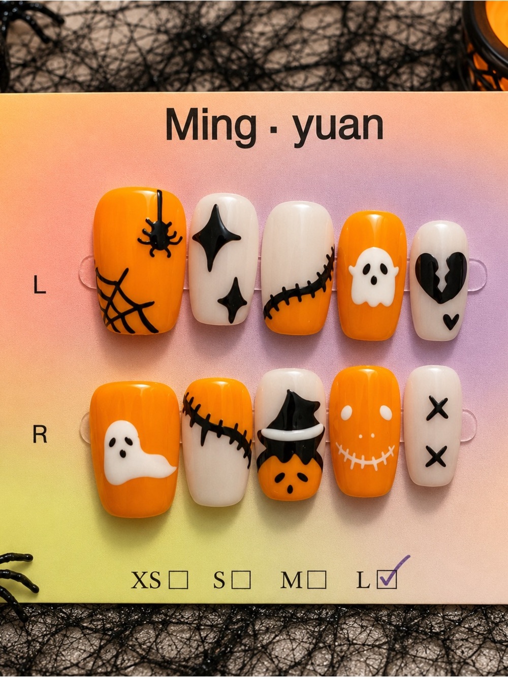 🎃 Halloween Ghost & Spider Press-On Nails – Size Large 👻🕷️